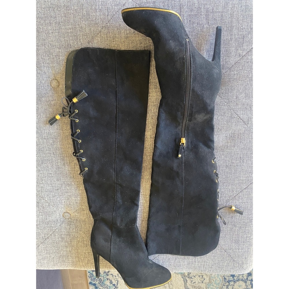 Sam & Libby Womens Black Faux Suede Over The Knee Lace Up Tassel Boots Heel 7.5